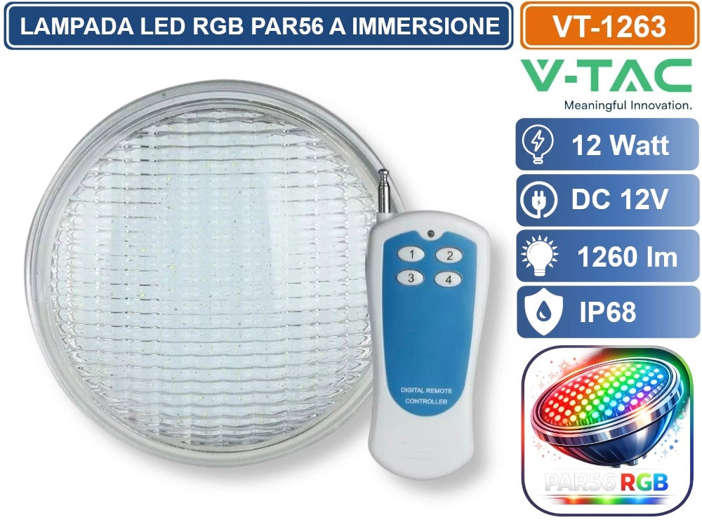 V-TAC VT-1263 LAMPADA LED RGB DA PISCINA PAR56 12W IP68 12V ATTACCO A VITE CON TELECOMANDO SKU 217562