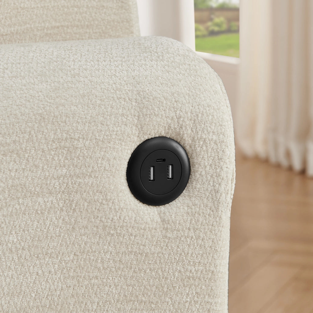Divano relax 2 posti in chenille beige con USB, tasche e portabevande