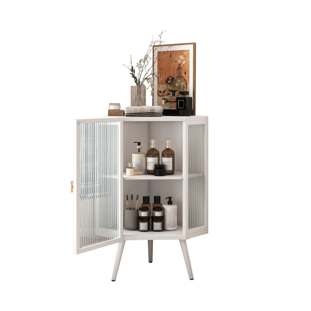 Armadio angolare da terra 80 cm, bianco, 2 livelli con ante in vetro temperato e ripiani, per bagno, soggiorno e camera