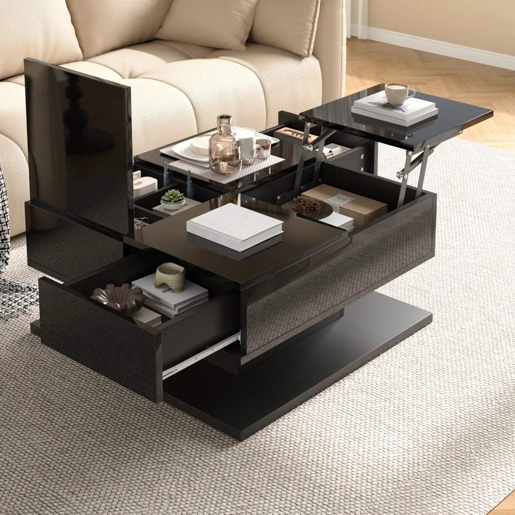 Tavolino basso alzabile con piano a ribalta due cassetti LED con controllo tramite app nero 72 × 72 × 35 cm