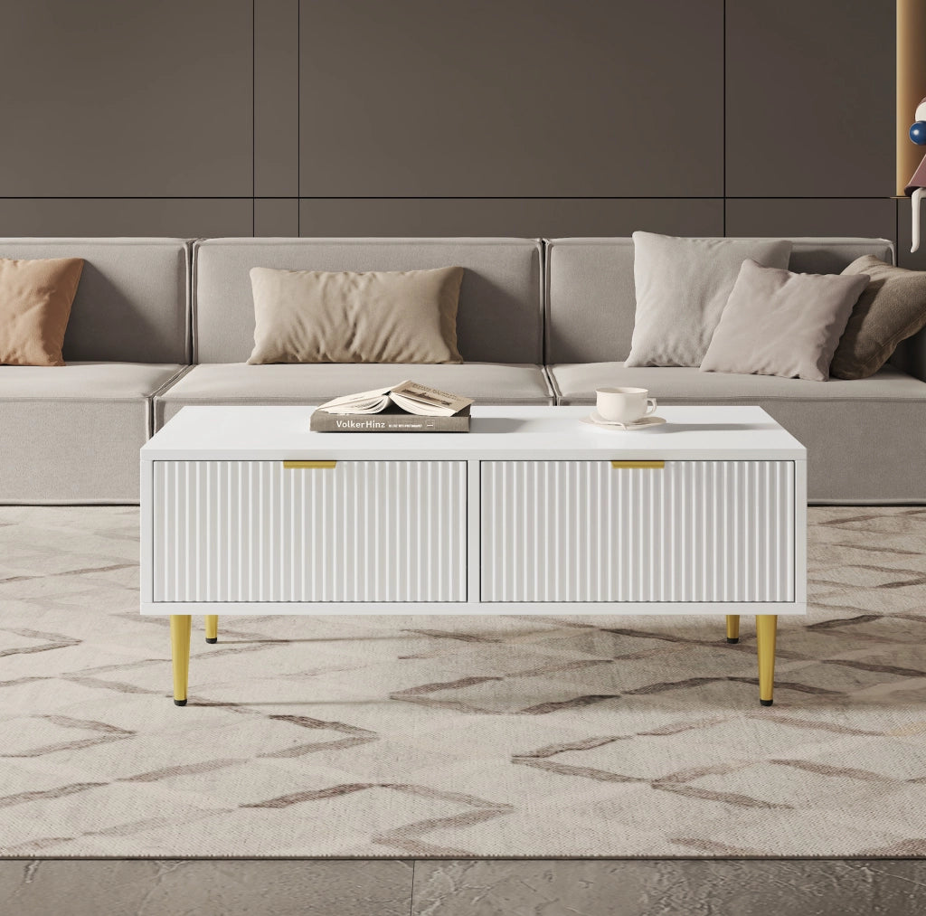 Tavolino da caffè moderno bianco con dettagli oro, 2 cassetti, 100 x 50 x 40 cm