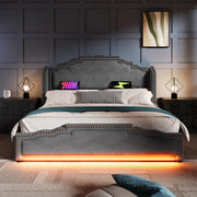 Letto contenitore matrimoniale 180 × 200 cm con 4 cassetti, LED, USB e USB-C, senza materasso, velluto grigio