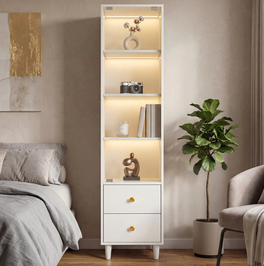 Vetrina alta con illuminazione LED; ante in vetro e 2 cassetti; 40x35x165 cm; bianca