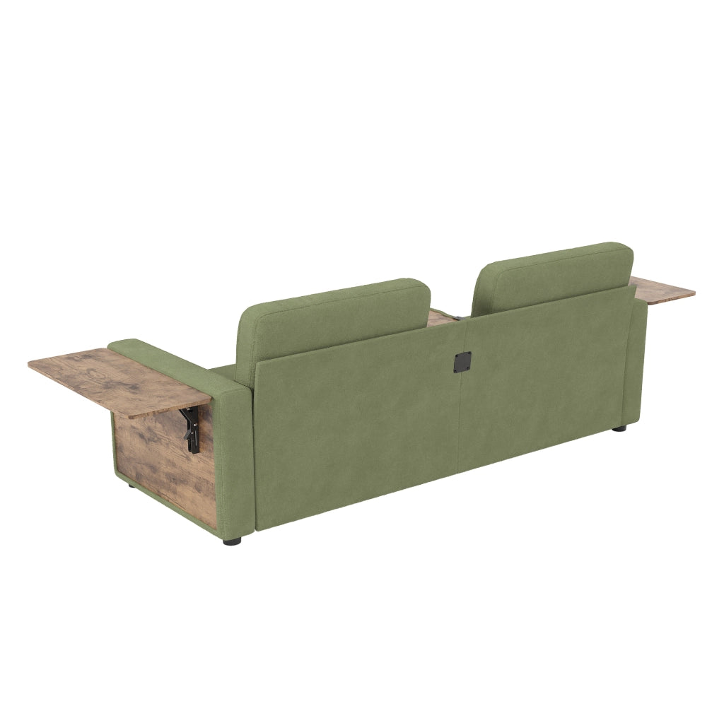 Divano a due posti in tessuto chenille verde con due cassetti estraibili, tavolino laptop regolabile e portabicchieri integrati