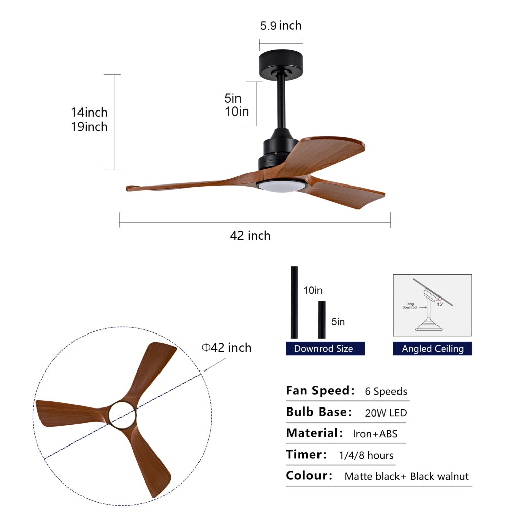 Ventilatore da soffitto ULEVR con luce LED integrata, motore DC reversibile e pale in ABS, nero e noce scuro