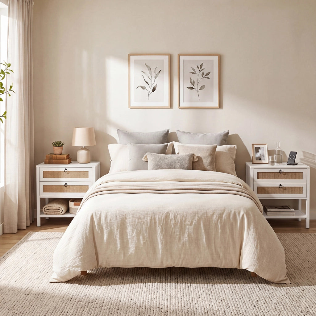 Comodino camera da letto bianco con 2 cassetti e 1 ripiano aperto con rattan decorativo, Tavolino laterale da divano camera per salotto