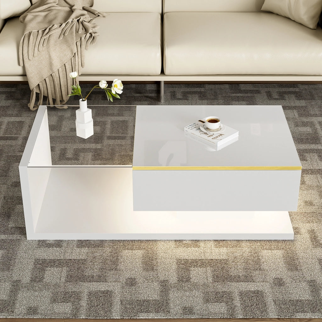 Tavolino basso fisso con vano contenitore e ripiani aperti vetro LED dimmerabile bianco 100 × 50 × 32.5 cm