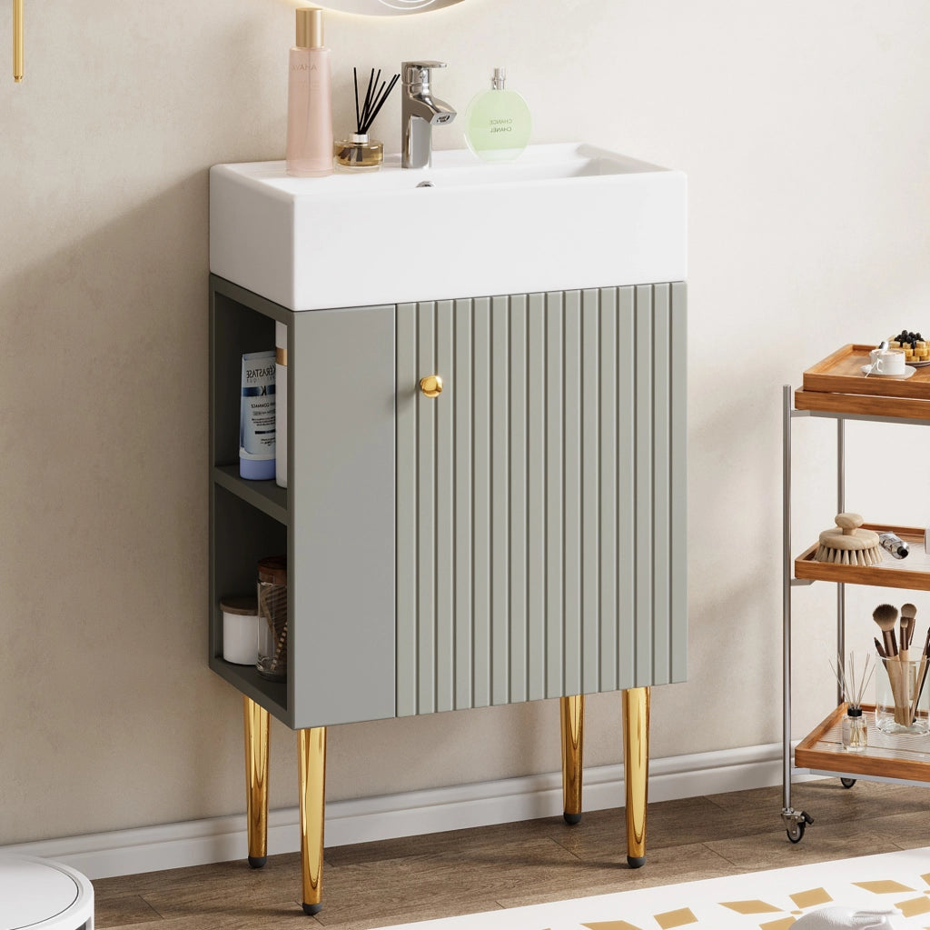 Mobile bagno compatto con lavabo in ceramica lucida e mobile sottolavabo grigio chiaro 55 cm