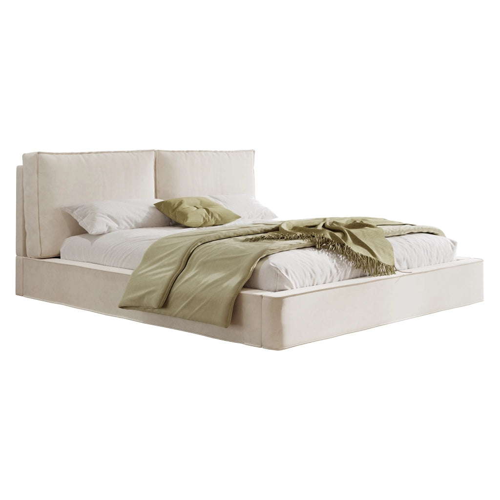 Letto matrimoniale 160x200 cm in chenille beige con testiera imbottita e rete a doghe