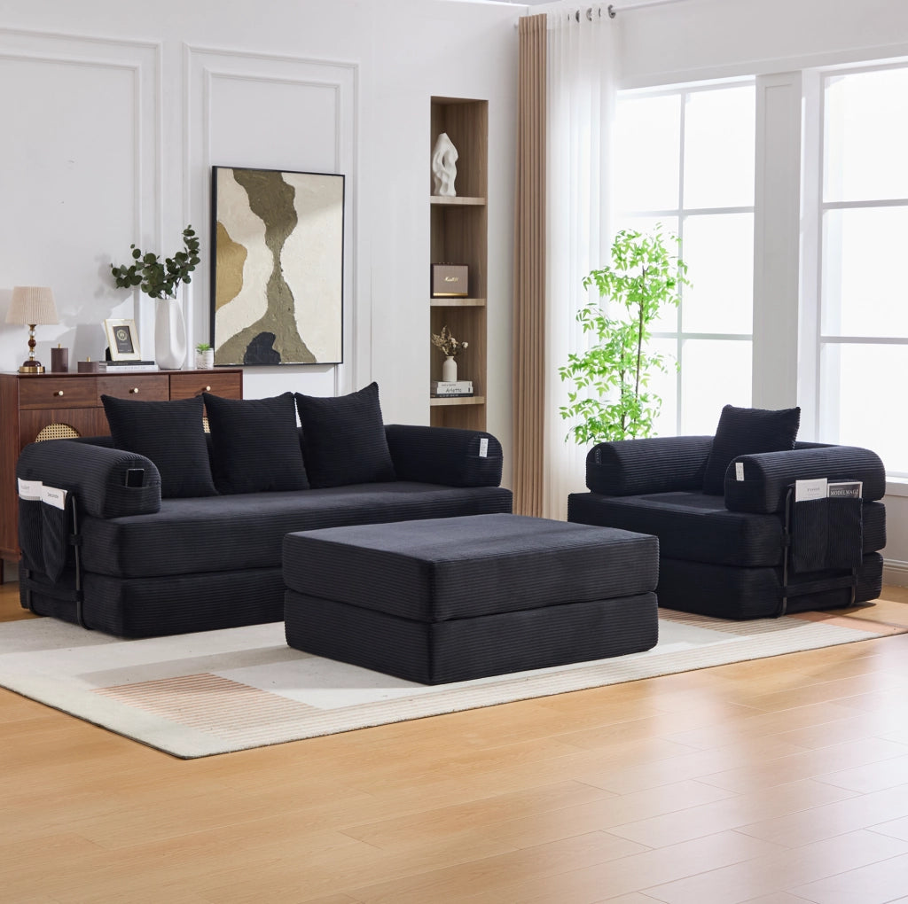 Divano modulare in corduroy con pouf; nero