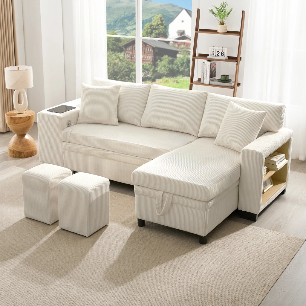 Divano letto angolare 231x131,5 cm con contenitore, USB e USB-C in corduroy beige