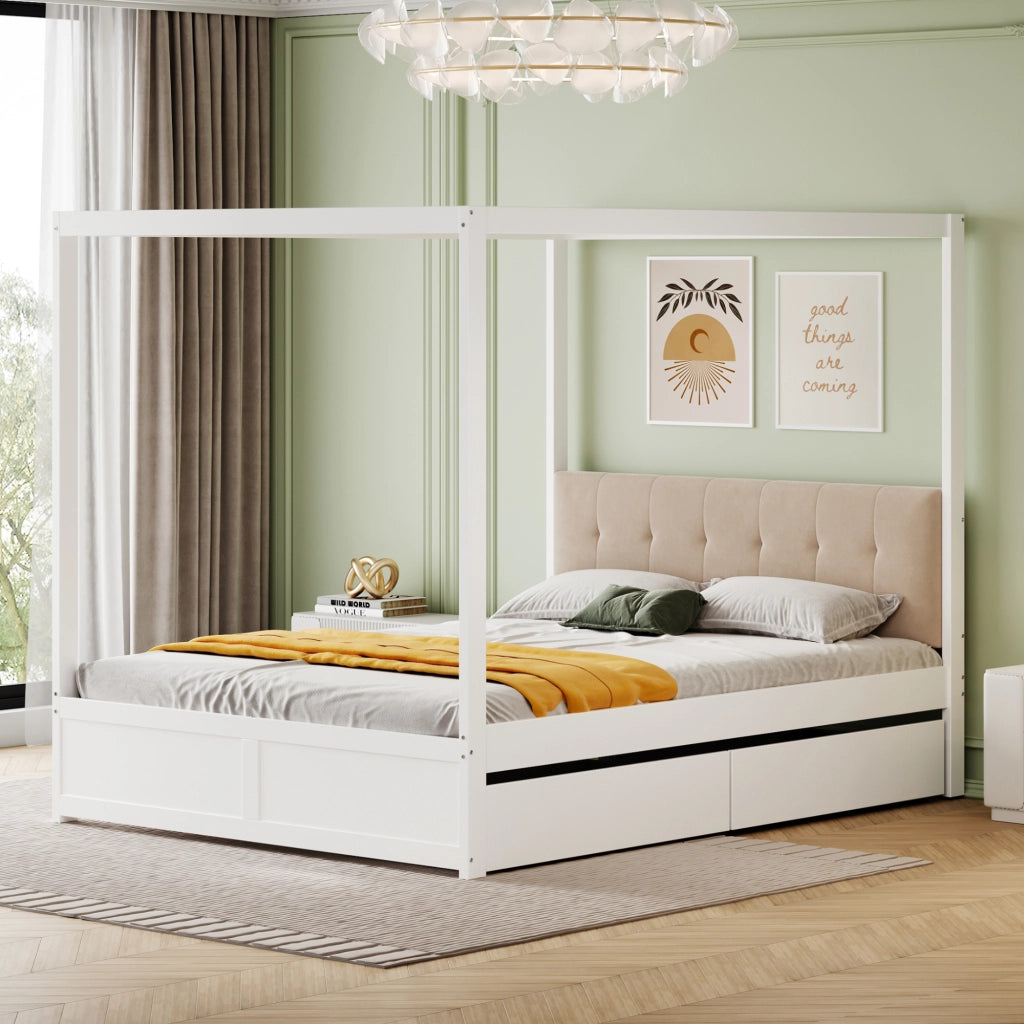 Letto con cassetti 140 × 200 cm con struttura a tenda testiera imbottita in metallo compensato e MDF bianco