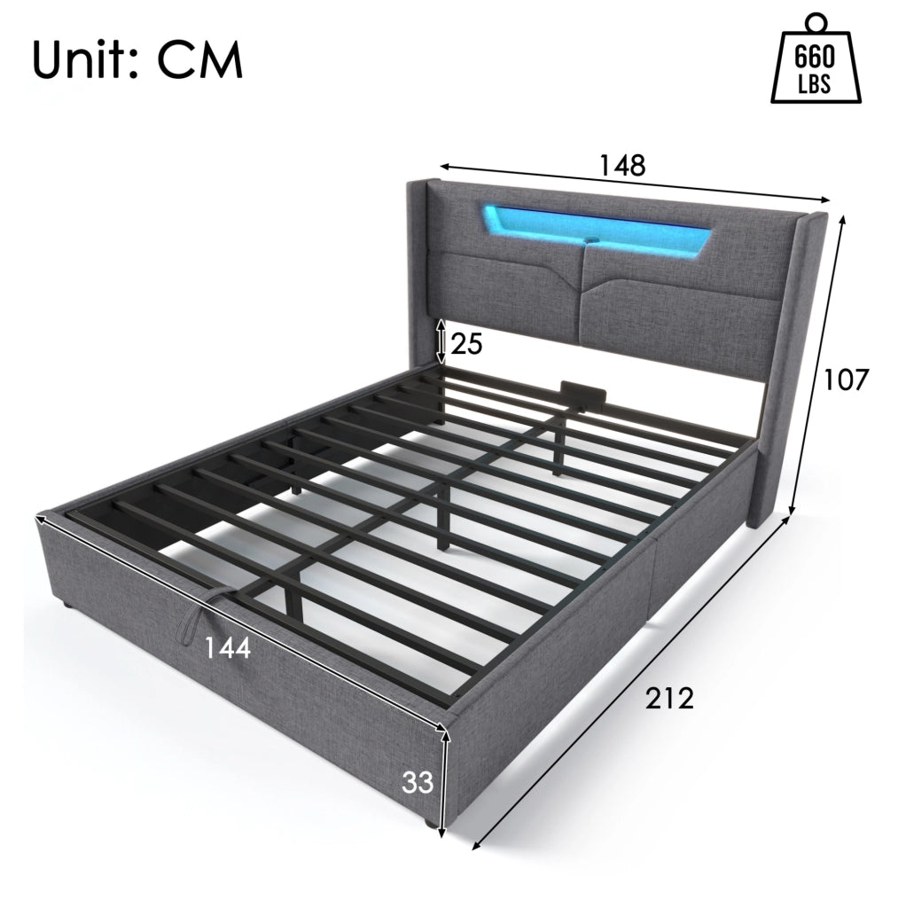 Letto imbottito con contenitore LED, ricarica USB e Tipo C 140 x 200 cm