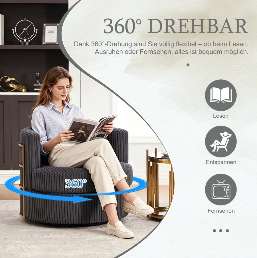Poltrona girevole 360° in velluto a coste grigio con vano