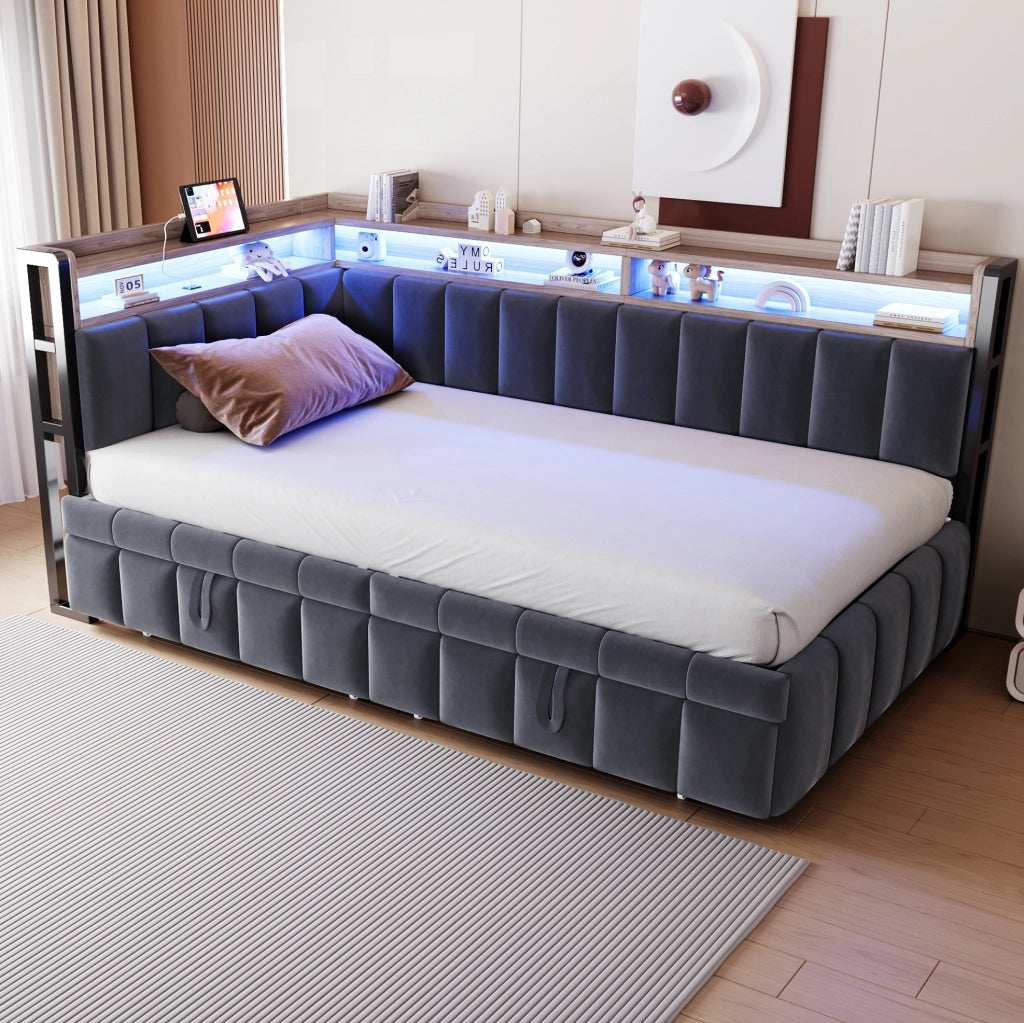 Divano letto estraibile 90x200 cm con LED, USB e USB-C in velluto grigio scuro