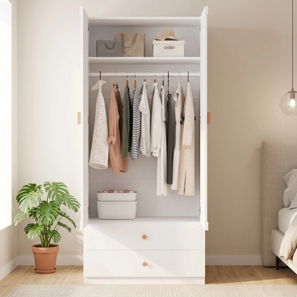 Armadio a 2 ante con 2 cassetti e appendiabiti in MDF legno e acciaio bianco per camera 90 × 45 × 200 cm