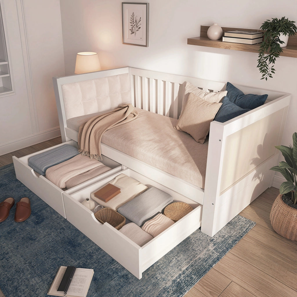 Divano letto 90 x 200 cm con contenitori, letto singolo in pino massello bianco con 2 cassetti su ruote, schienale 3 lati e braccioli arrotondati