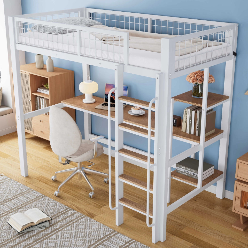Letto a soppalco 90x200 cm bianco e naturale; metallo e MDF; scrivania; ripiani e scala a 5 gradini