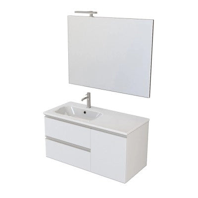 Mobile bagno sospeso 100 cm bianco opaco con cassetti e anta completo di lavabo a sinistra e specchio Master