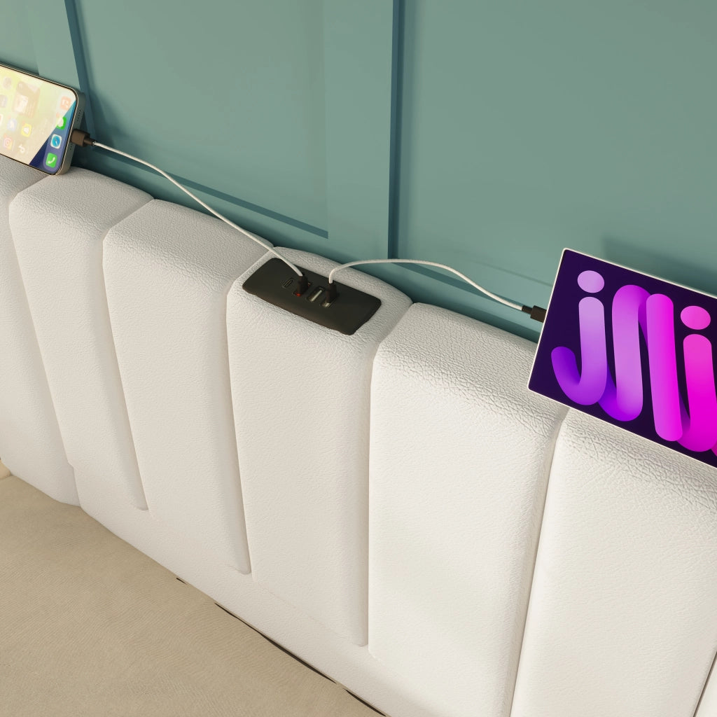 Letto contenitore imbottito 180x200 cm con LED e ricarica USB-C; bianco