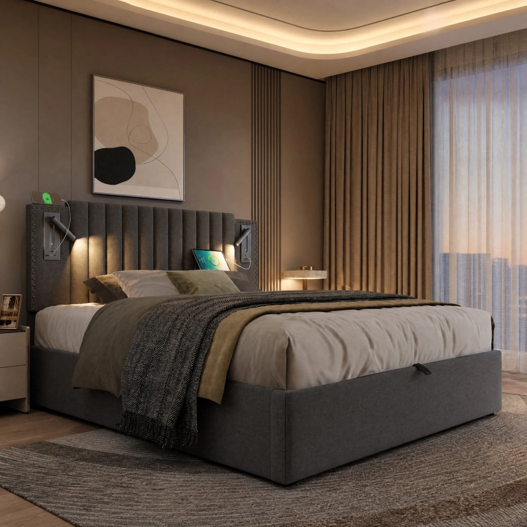 Letto matrimoniale contenitore 160 × 200 cm in cotone grigio con testiera regolabile luci USB e doghe