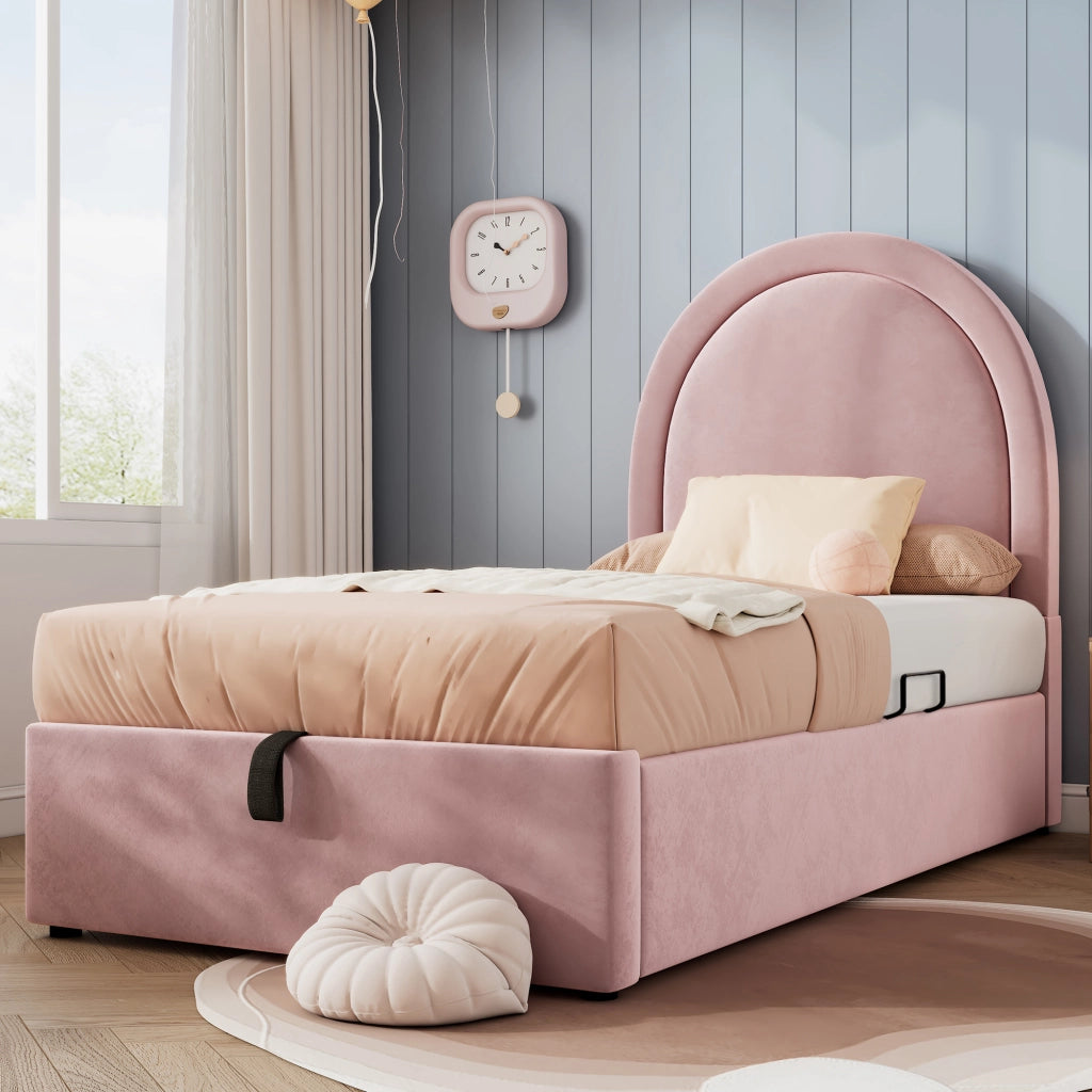 Letto singolo imbottito rosa 90x200 cm in velluto con contenitore e materasso H3