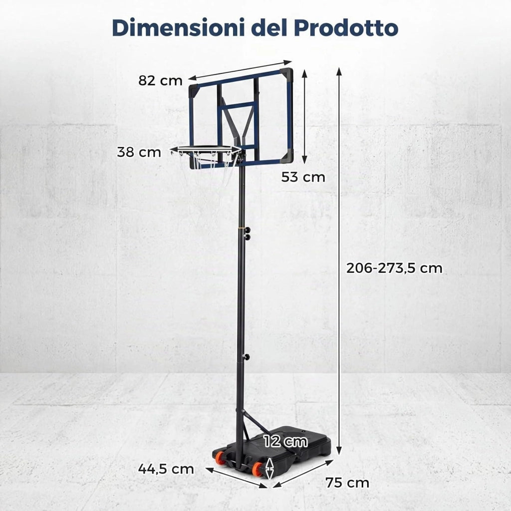 Canestro da Basket da Esterno 206-273,5 cm
Canestro da Basket con Altezza Regolabile, Tabellone 82 cm e Base Riempiibile con Ruote, per Cortile, Campo e Giardino