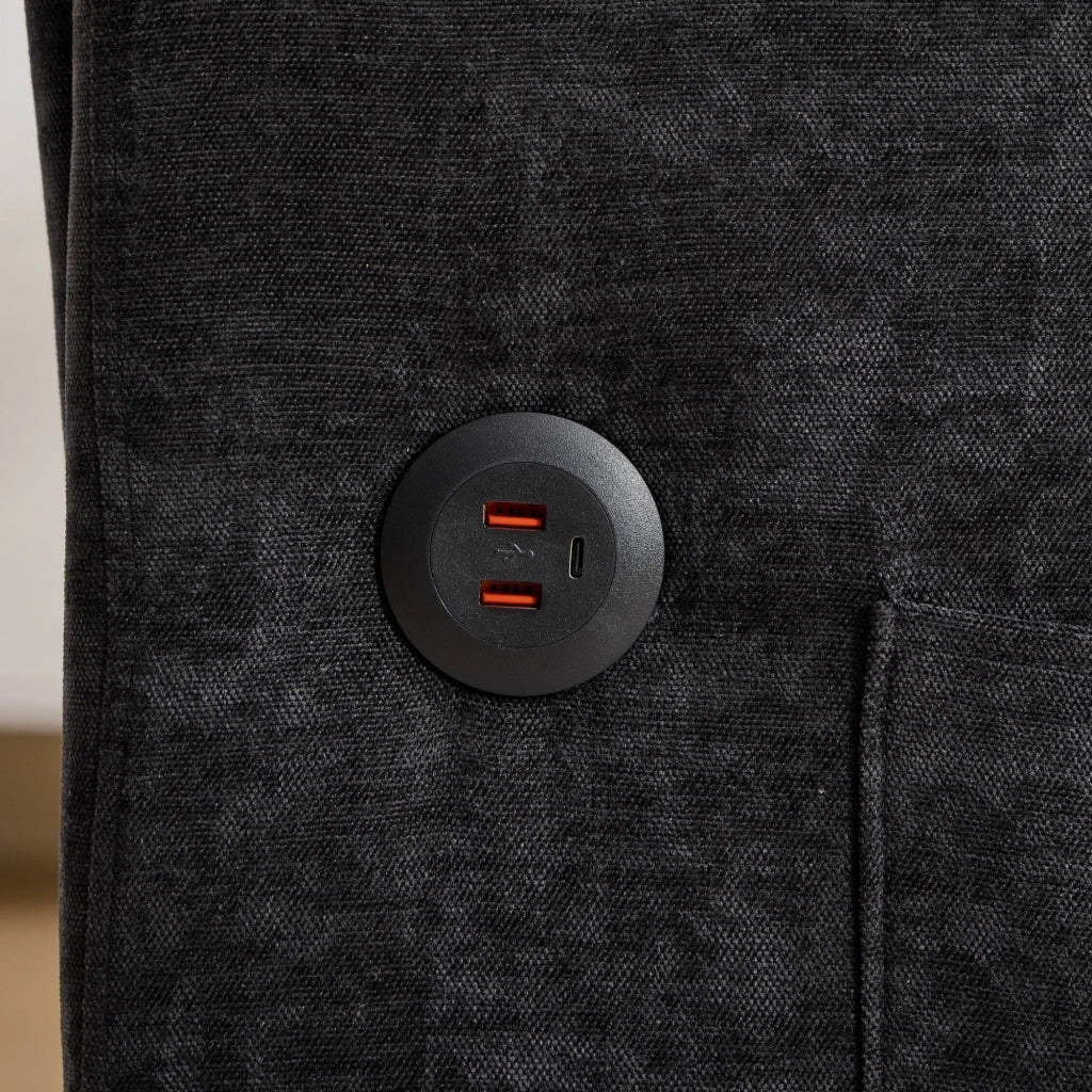 Divano per piccoli spazi in tessuto effetto lino spazzolato nero con porta USB e supporto tablet 83;5 × 109 × 72 cm