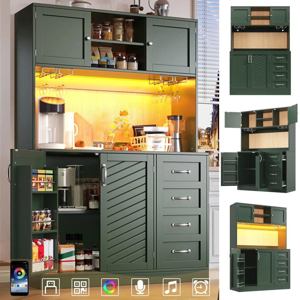 Mobile contenitore 120x40x188 cm, 4 ante e 2 grandi cassetti, illuminazione LED, ripiano snack e portabottiglie, verde/nero/bianco