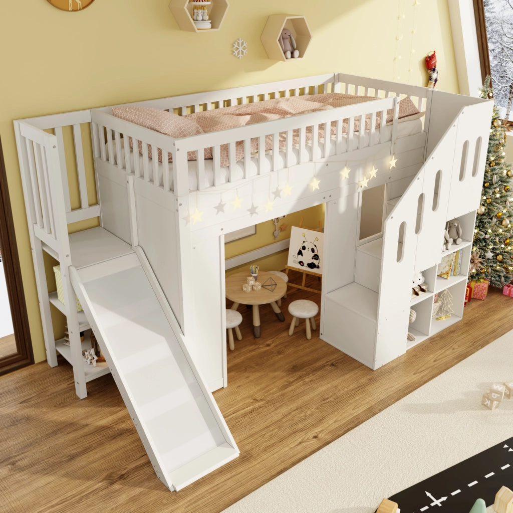 Letto per bambini con scivolo, scala contenitore e luce LED 90 x 200 cm