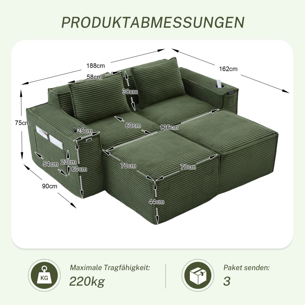 Divano modulare 2 posti con pouf, porta bicchieri e tasche laterali, verde