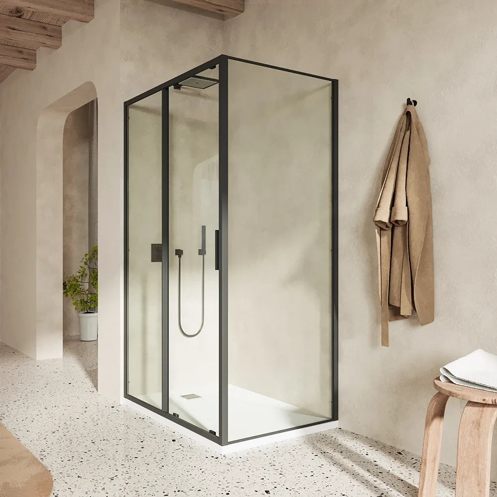 Box doccia slim 90x120cm con porta scorrevole e parete fissa profili nero opaco e vetro 6mm trasparente h190| Portofino