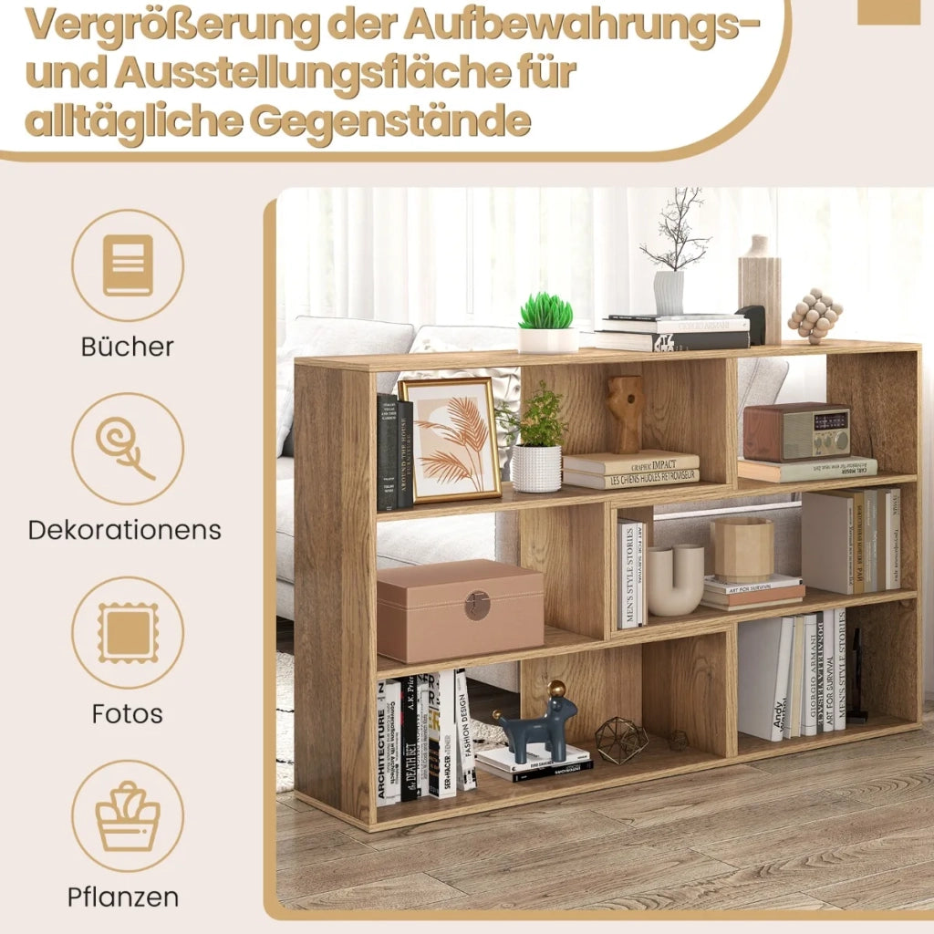 Libreria Moderna a 3 Ripiani in Legno Naturale Scaffale Geometrico da Pavimento con Dispositivo Antiribaltamento per Salotto e Studio
