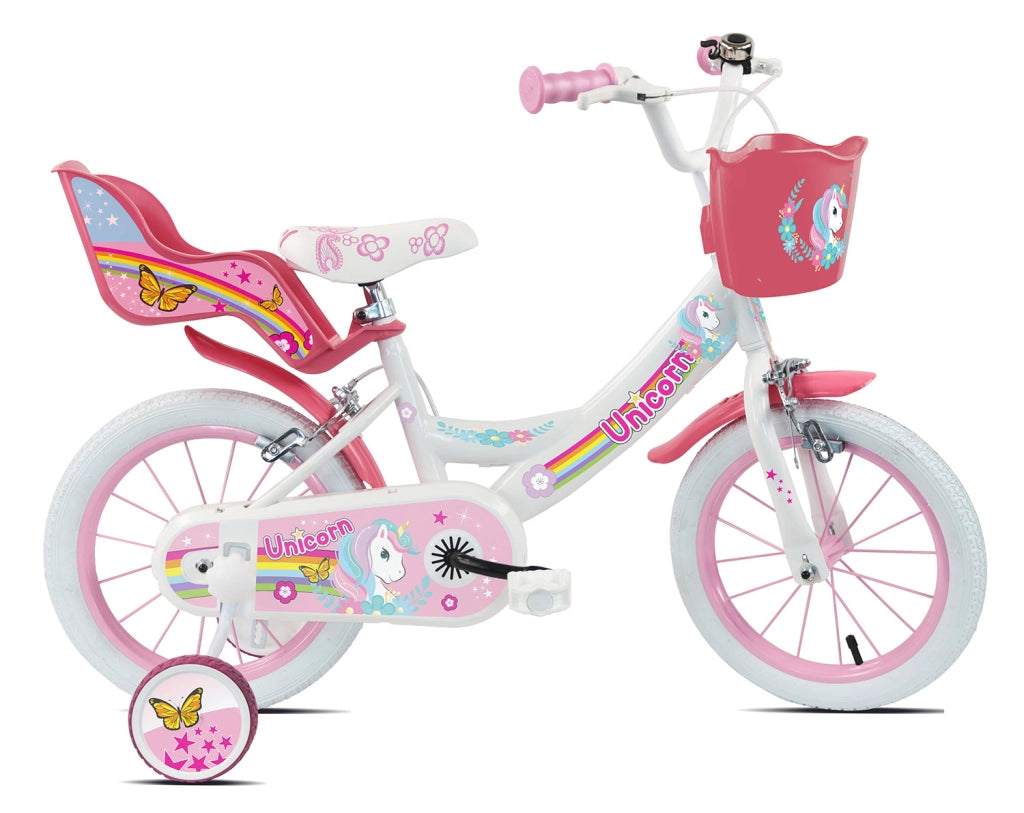 Bicicletta per Bambine 14" Unicorn Freni Caliper e Stabilizzatori in Acciaio Hi-Ten Rosa