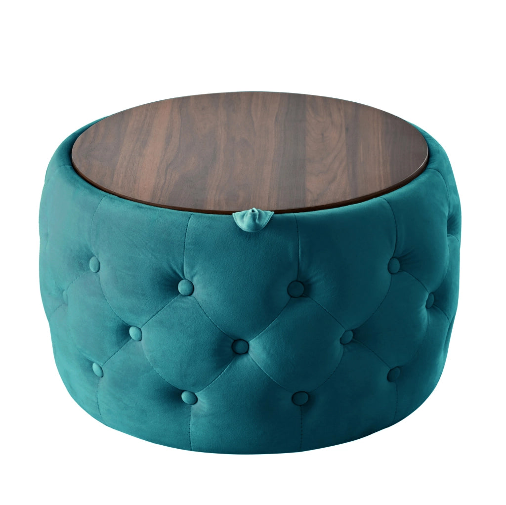 Set di 2 Pouf Nesting in Velluto Blu con Portaoggetti e Vassoio in Legno, Design Salvaspazio 4-in-1, Ø 58 cm