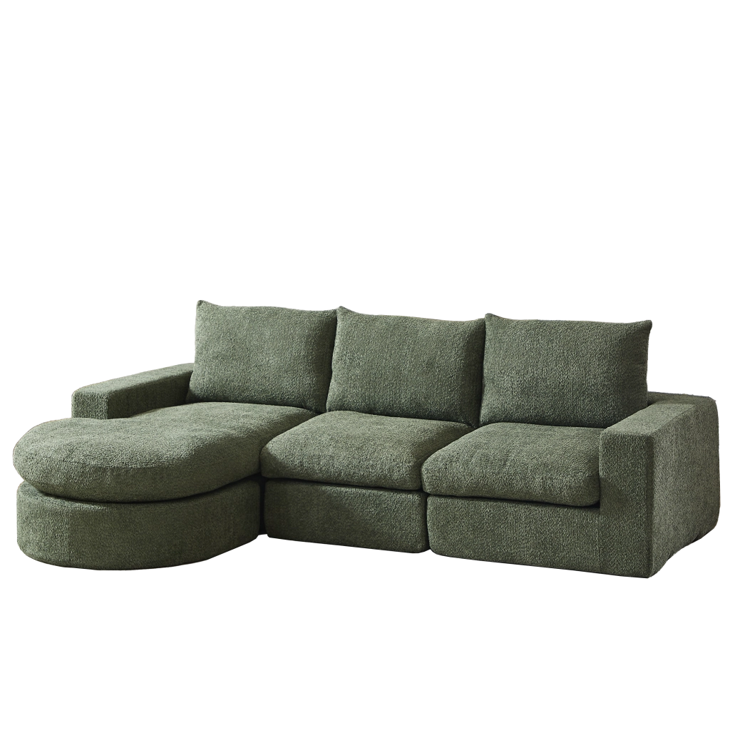 Divano angolare modulare con chaise longue reversibile e cuscini di sostegno in ciniglia verde 251 × 160 × 81 cm