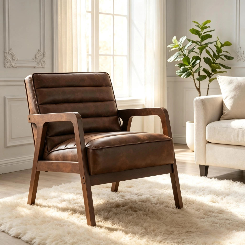 Poltrona da lettura in PU marrone antico con seduta ampia schienale inclinato e struttura in legno 79 × 64 × 86 cm