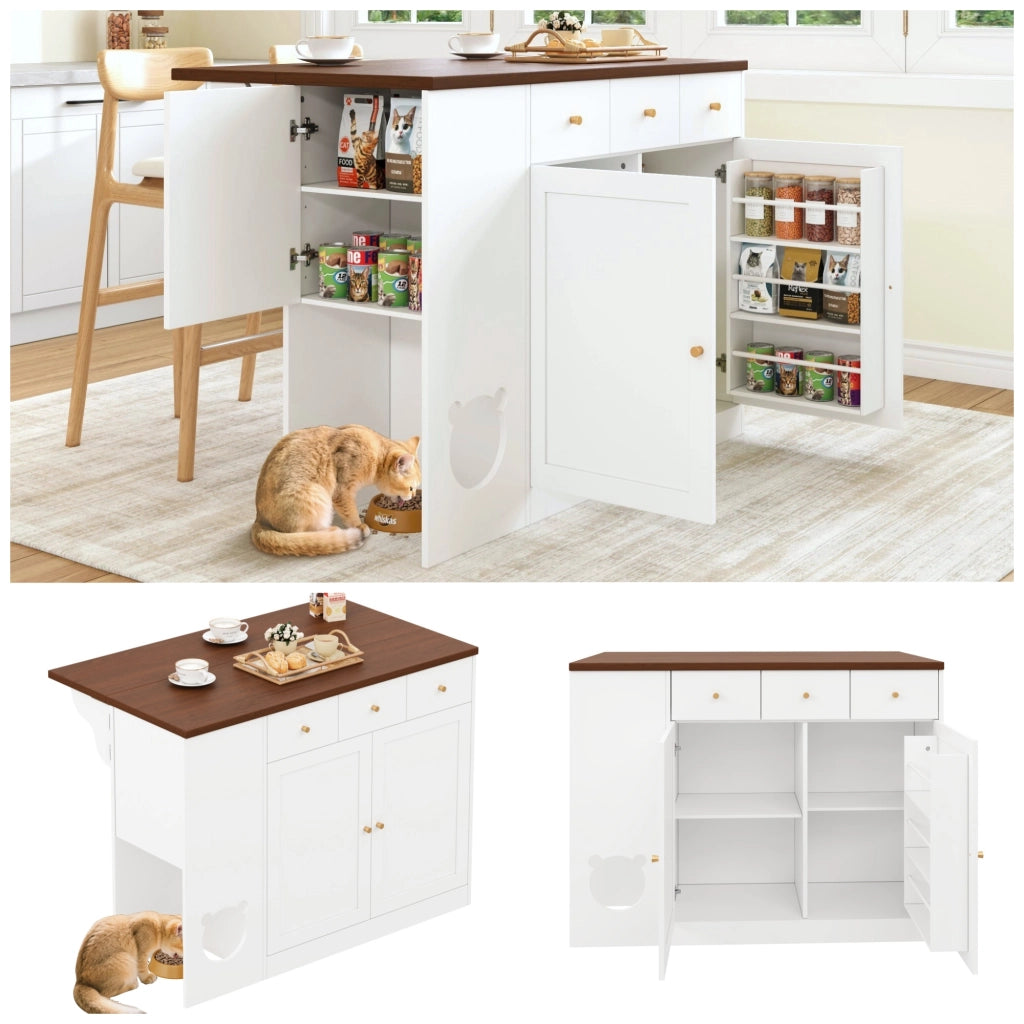 Mobile base da cucina con piano estraibile; 3 cassetti; portaspezie e area pappa per gatto in MDF bianco noce