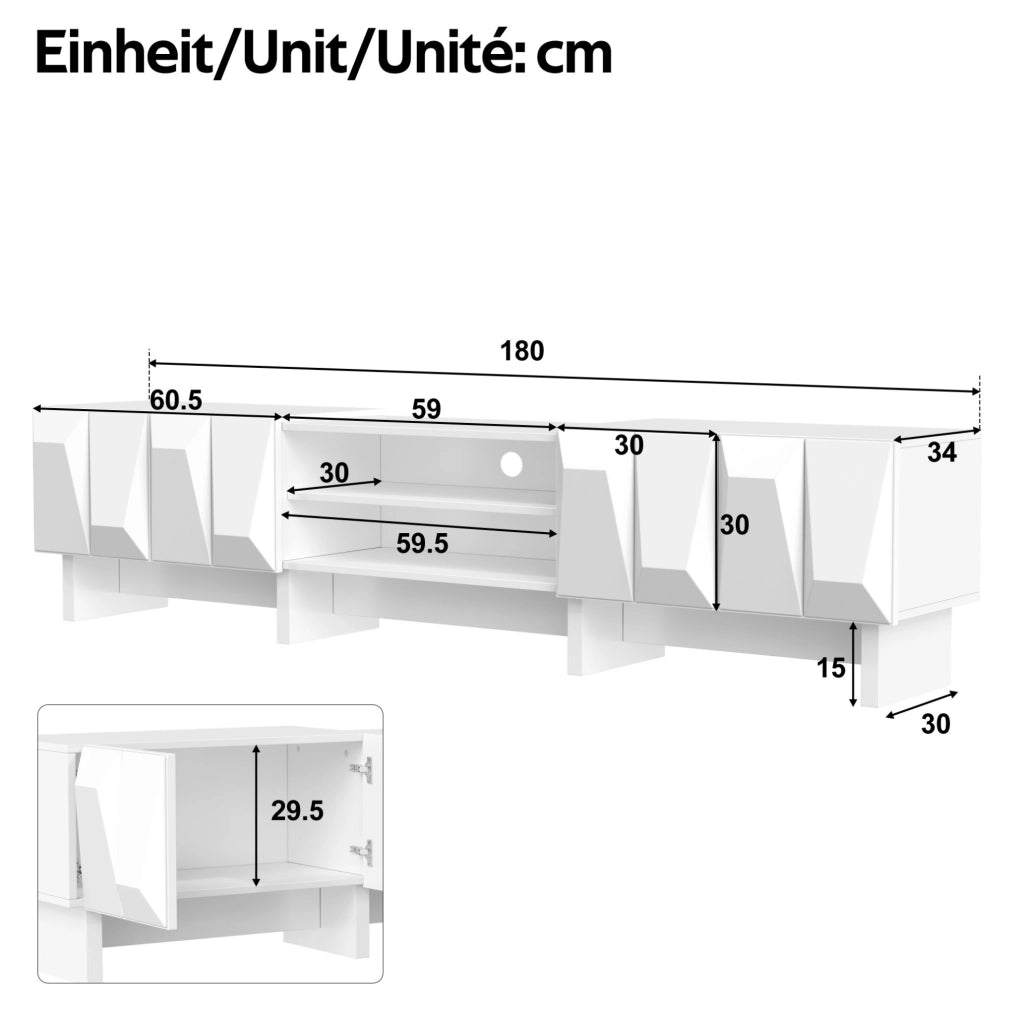 Mobile TV 180 cm in pannello truciolare bianco con 4 ante e vano aperto