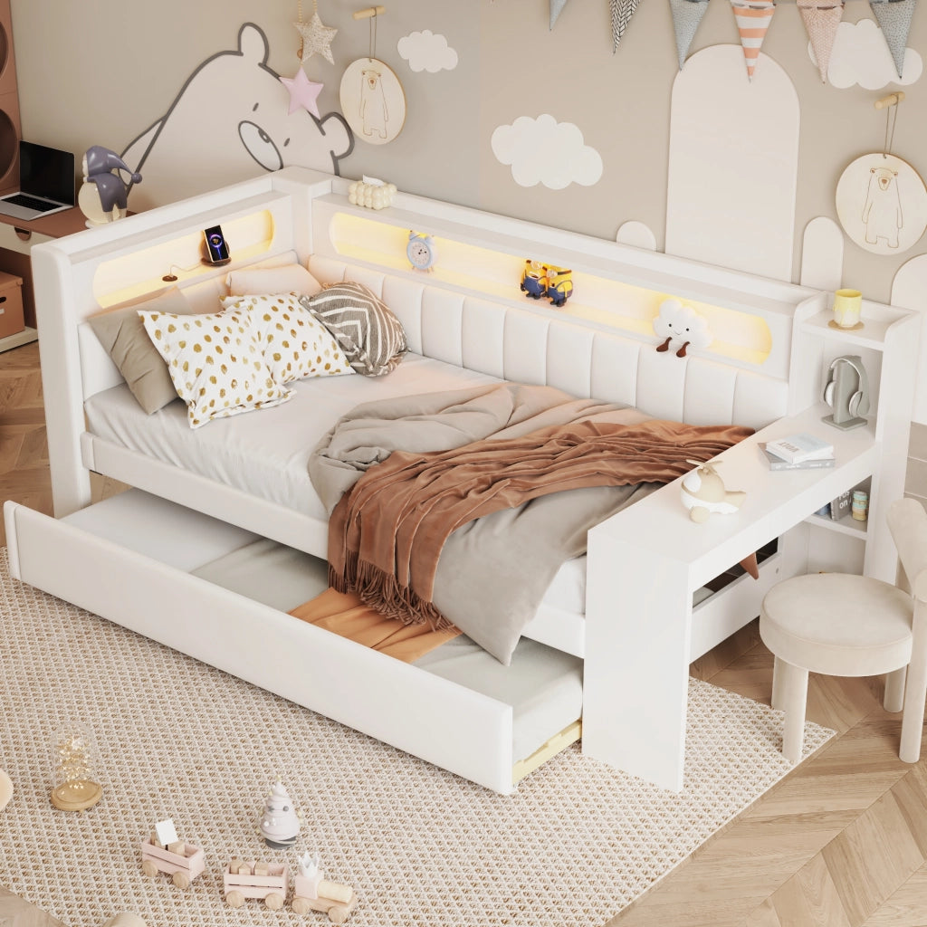Daybed Imbottito 90x200 cm con Letto Estraibile; LED; USB; Scrivania; Bianco