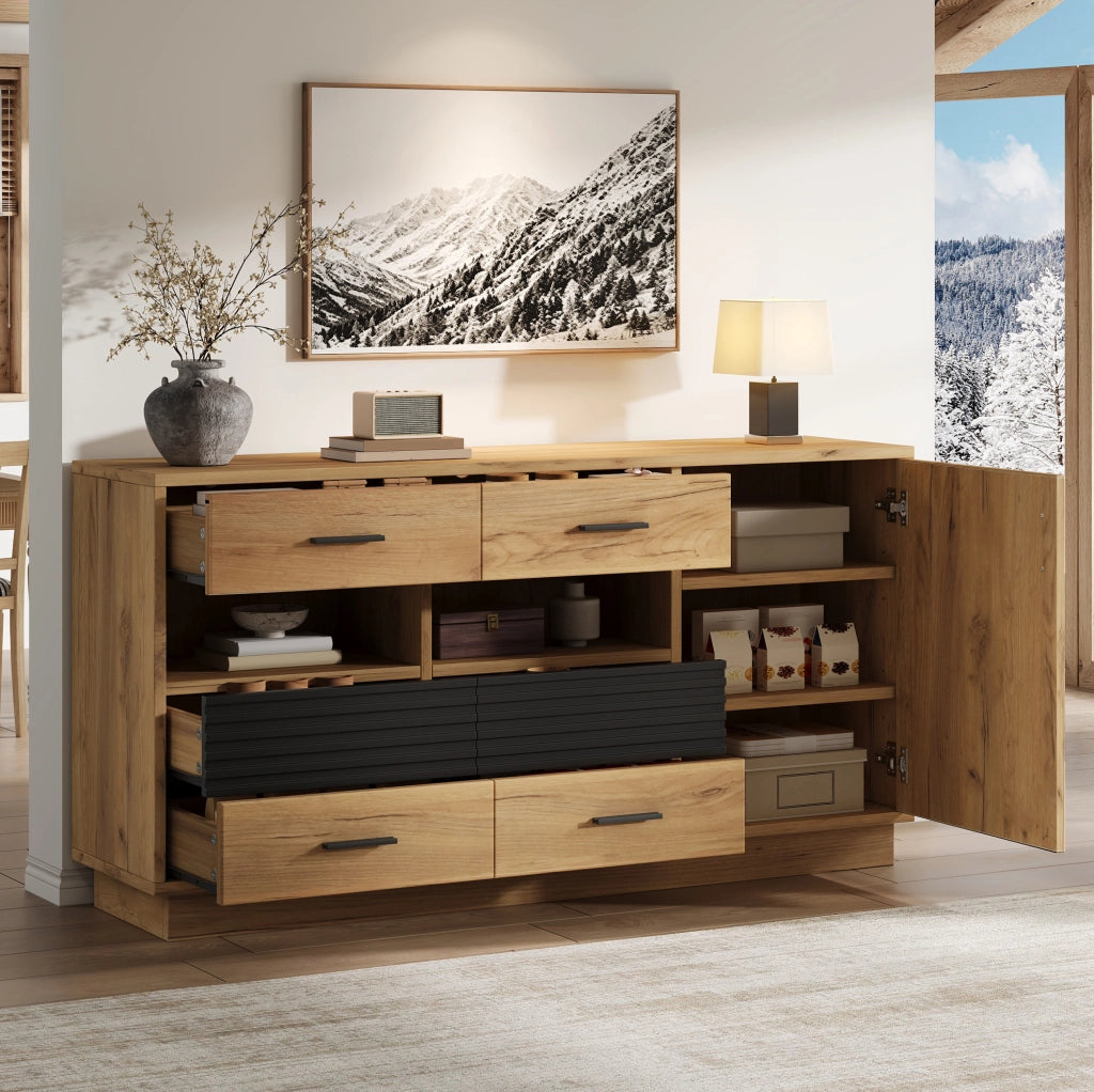 Credenza ULEVR 140x35x70 cm con 6 cassetti e 1 anta, mobile contenitore in MDF effetto rovere