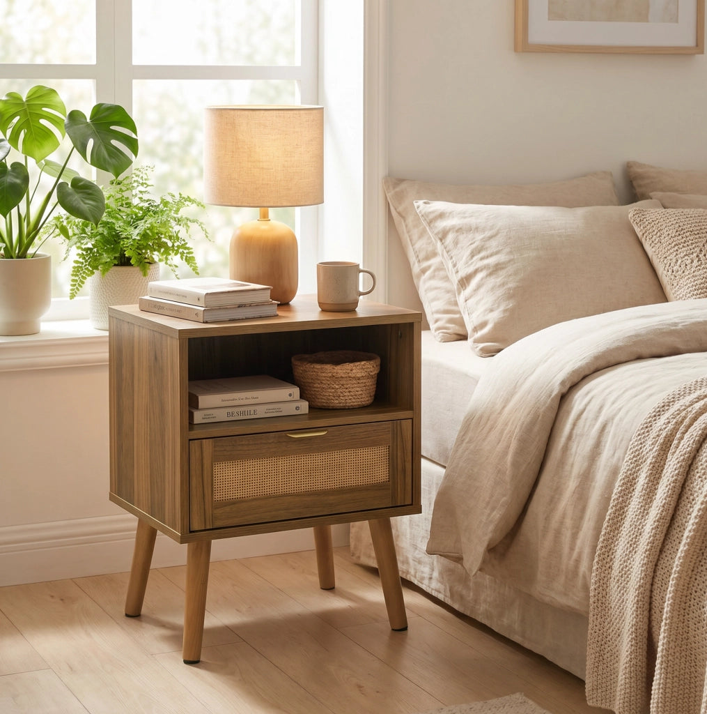 Comodino boho in rattan e MDF color noce con cassetto