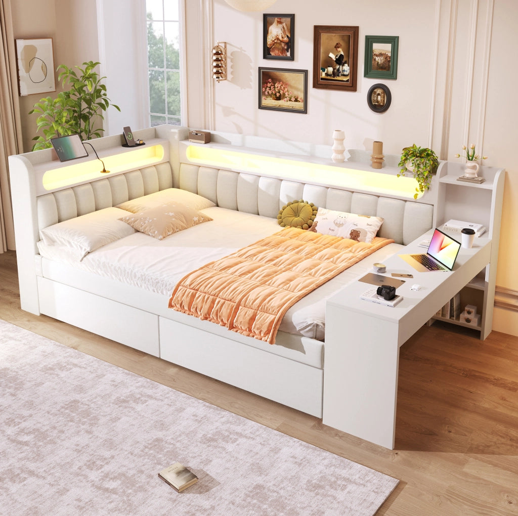 Letto divano 140x200 cm in MDF bianco con scrivania, USB e cassetti