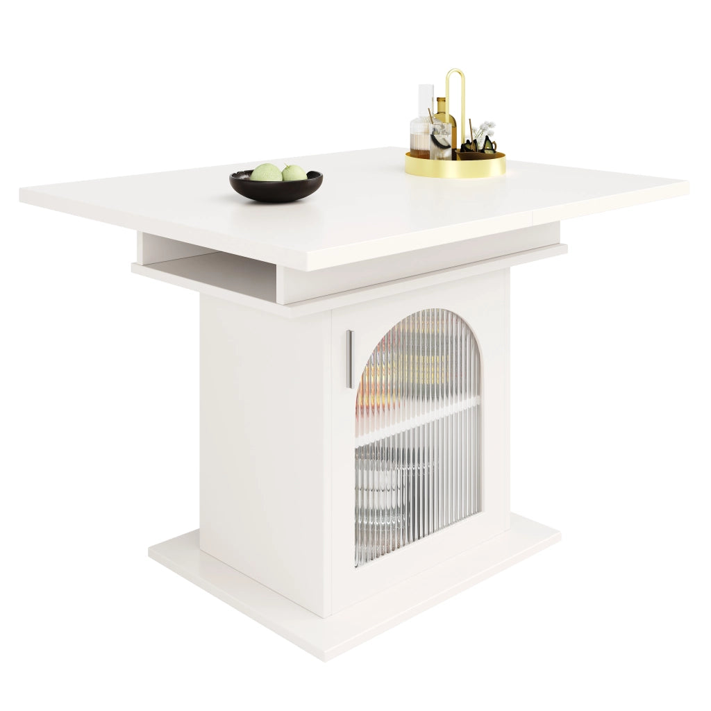 Tavolo da pranzo allungabile da 110 a 140 cm in MDF e vetro bianco con vano contenitore