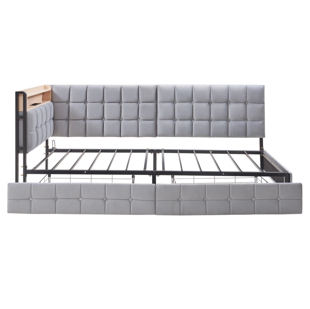 Divano letto 90x200 cm con 2 cassetti, LED, USB e USB-C in velluto grigio