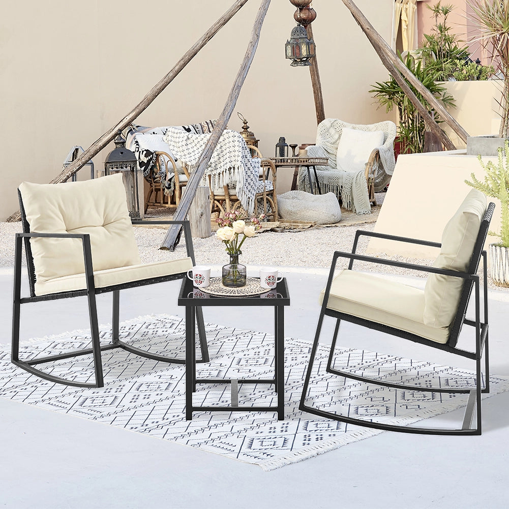 Set Tavolo e Poltrone Dondolo da Esterno Mobili Giardino Polyrattan Beige e Nero