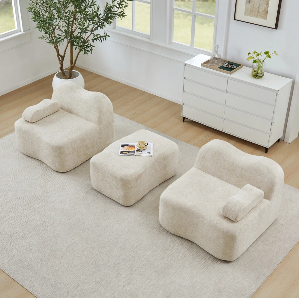 Divano modulare angolare ULEVR 2 posti con pouf, forma ondulata e rivestimento in velluto beige