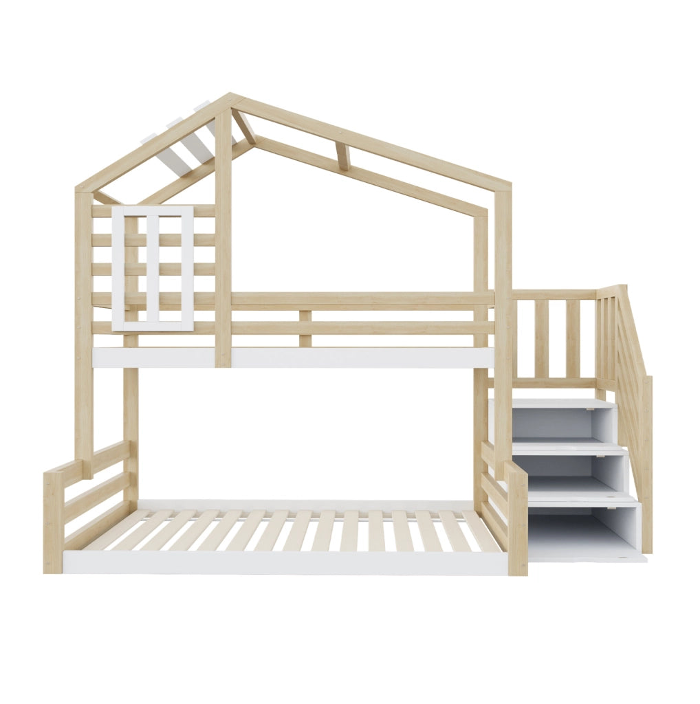 LETTO A CASTELLO 90x200 cm in pino e MDF naturale con scala contenitore