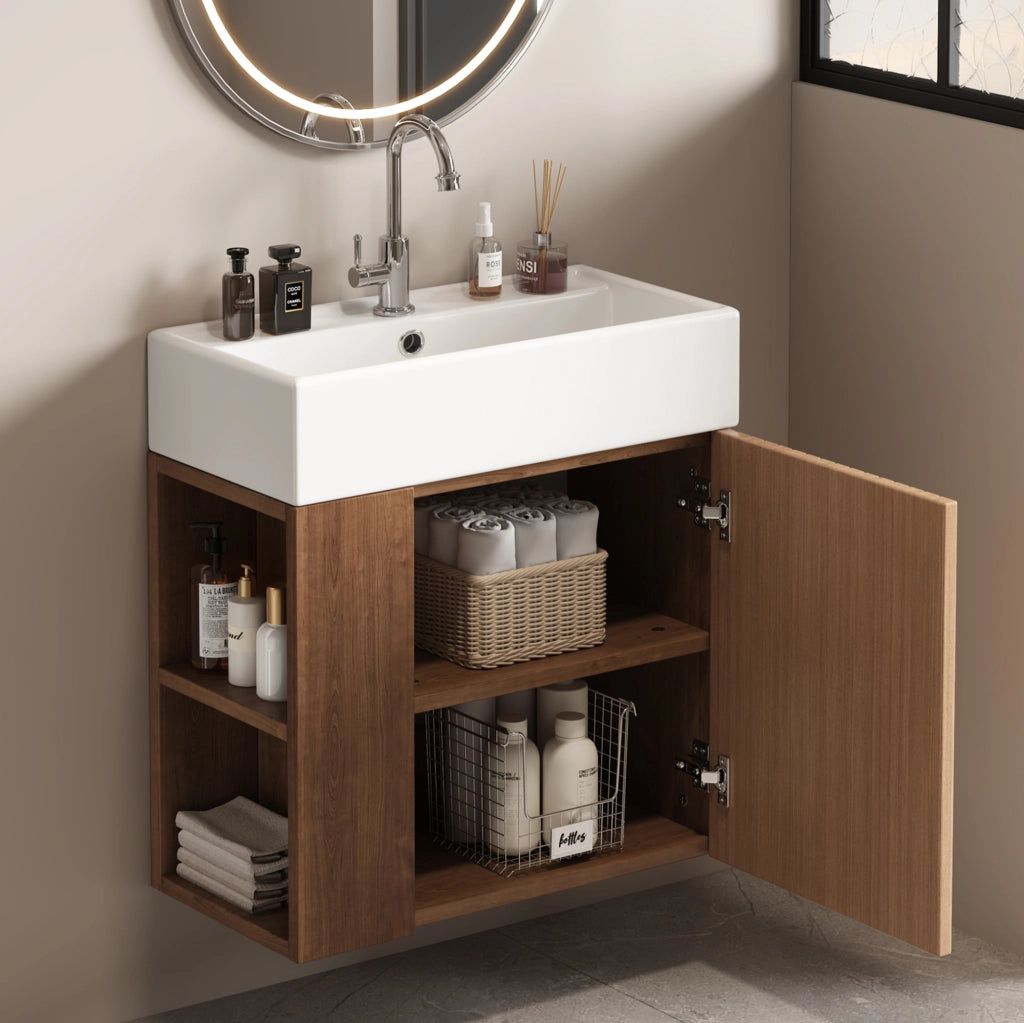 Mobile bagno compatto con lavabo in ceramica marrone