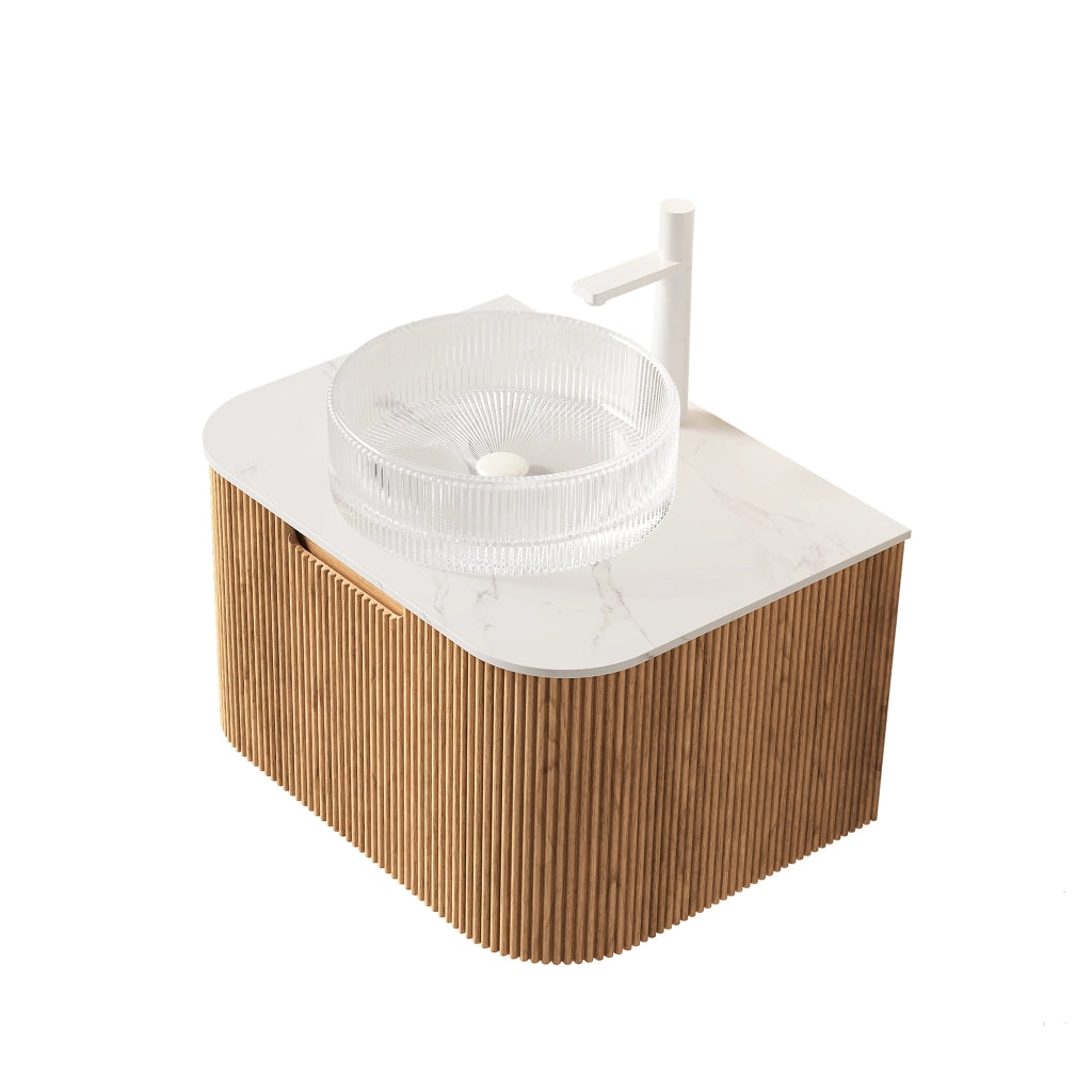 Mobile sottolavabo sospeso con lavabo rotondo in vetro trasparente e cassetto con chiusura ammortizzata per bagno